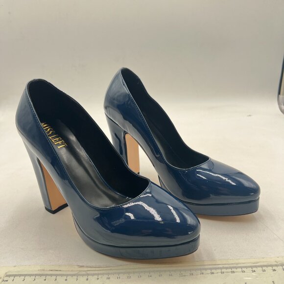 miss left Navy Platform Almond Toe Pumps Classic Slip On Chunky High Heel Shoes - Picture 4 of 8